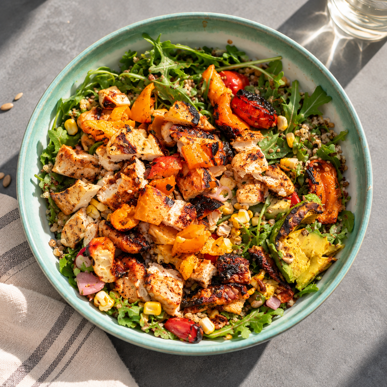 Grilled chicken, quinoa, arugula, sweet corn, blistered peppers, avocado, pickled shallot, toasted seeds