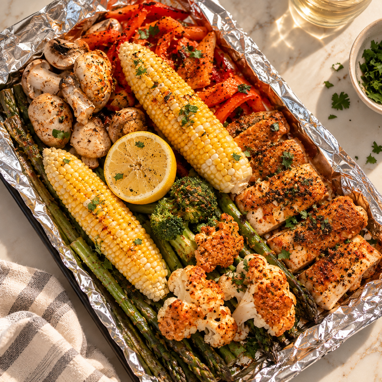 Herb-crusted fish, asparagus, broccoli, cauliflower, mushrooms, red pepper, sweet corn, charred lemon