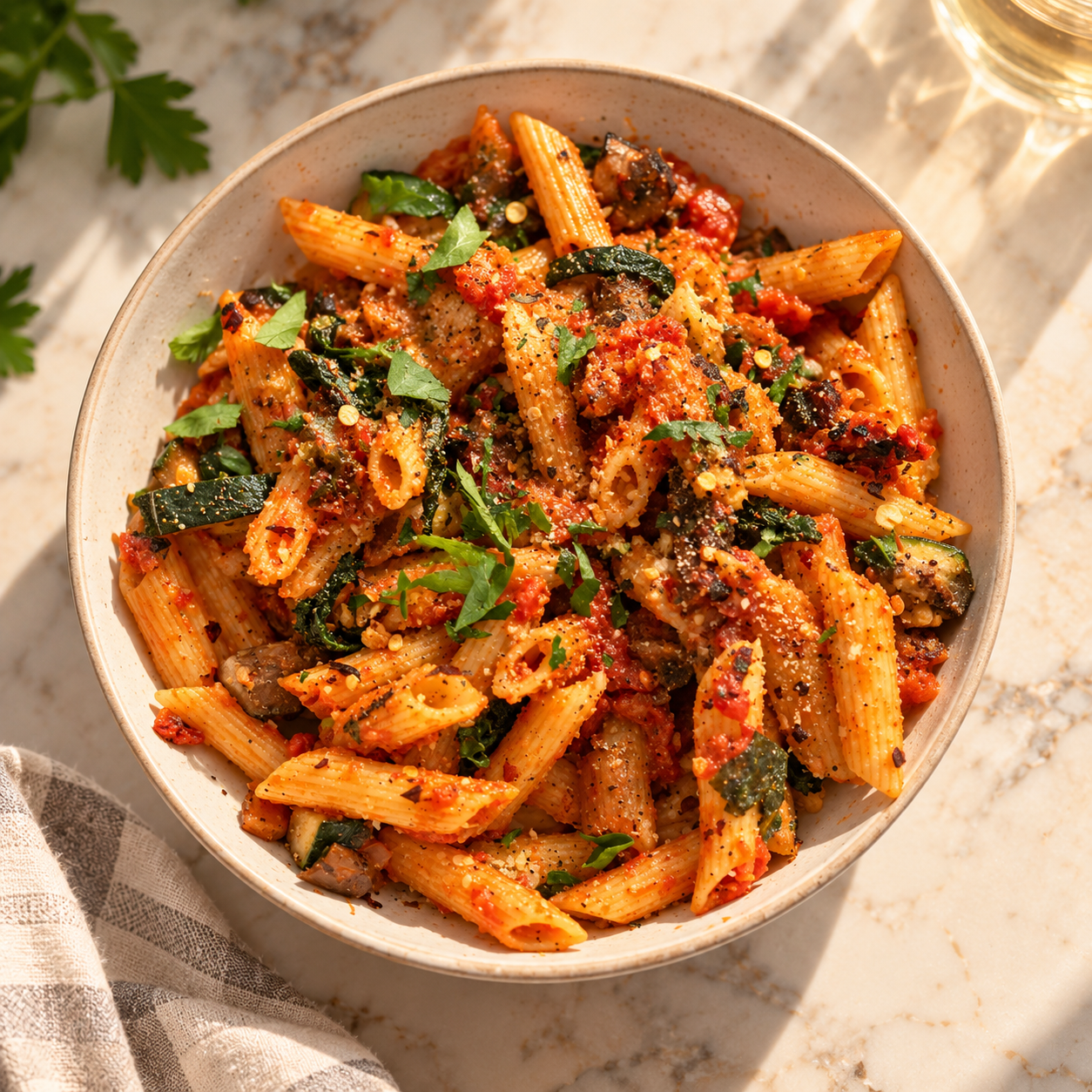Spicy Tomato Penne, Loaded with Summer Veggies