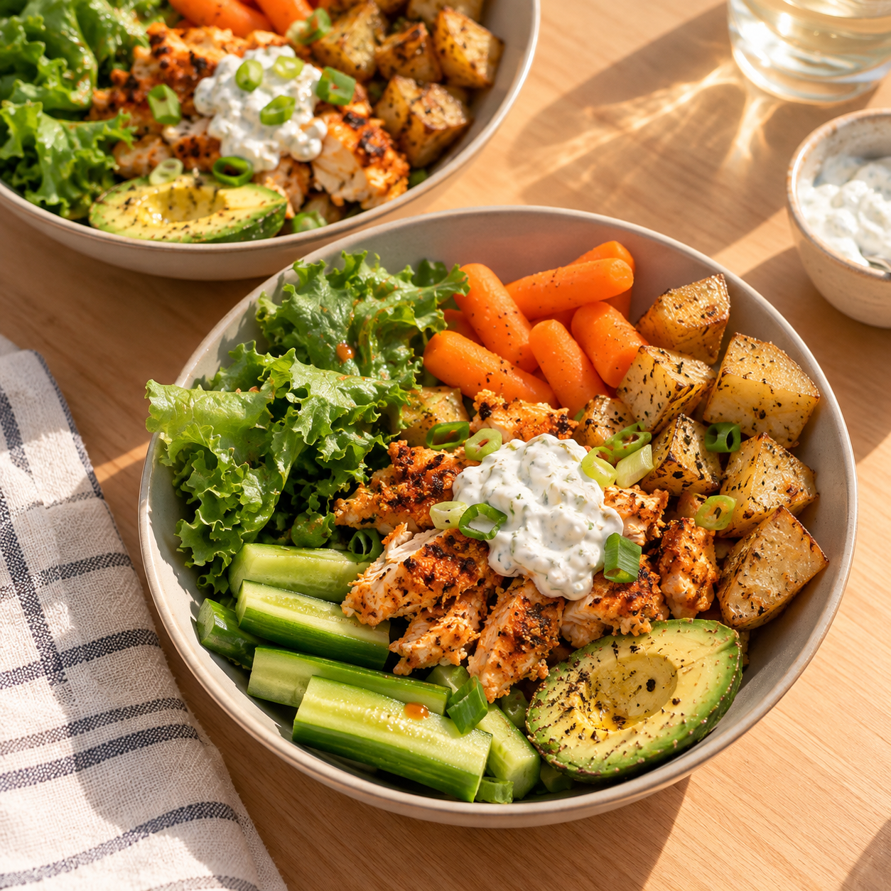 Spiced chicken, crispy potatoes, glazed carrots, cucumber, avocado, herbed yogurt, scallion