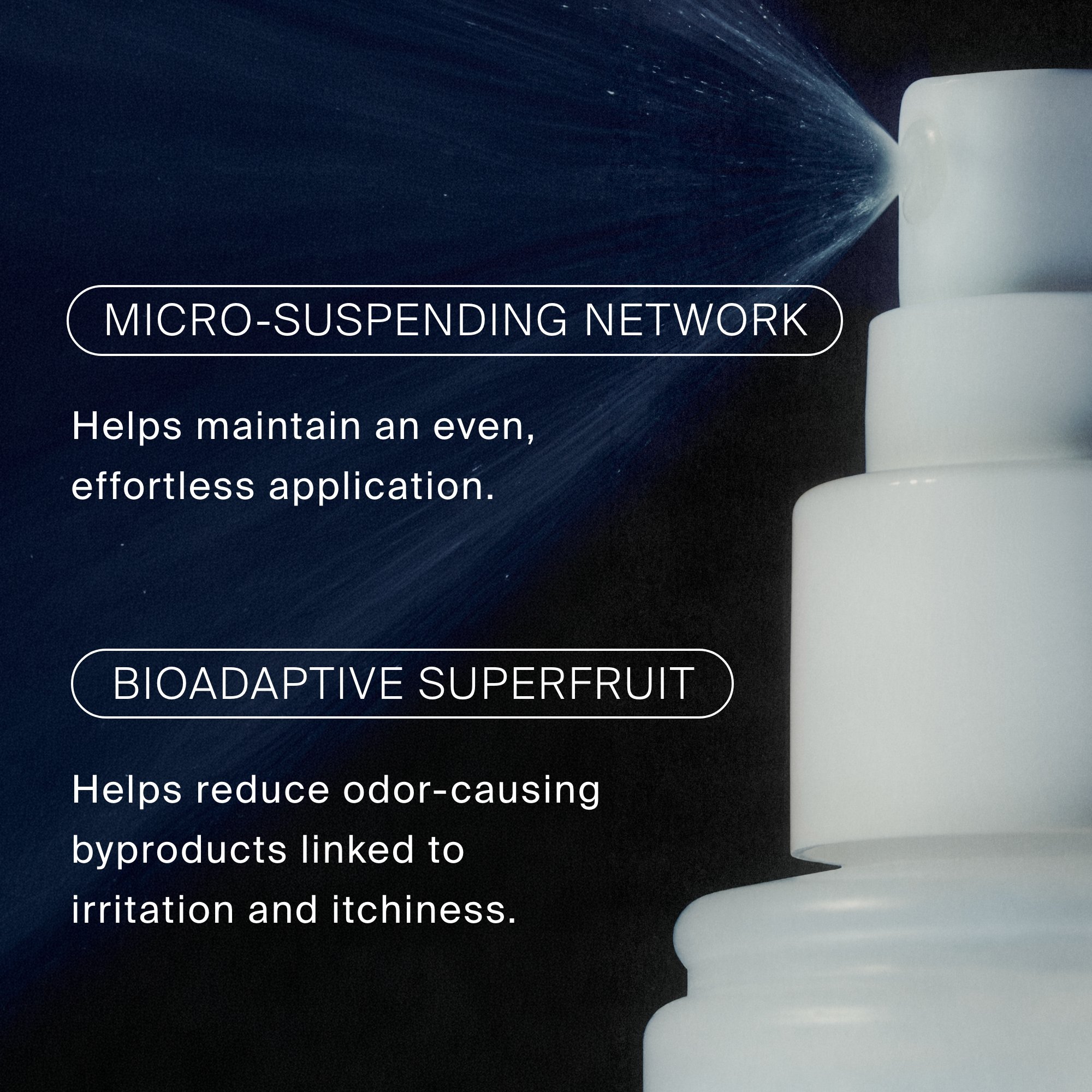 Close-up of a white device dispensing a spray of liquid, labeled as micro-suspending network, with a dark background and white text describing its benefits.