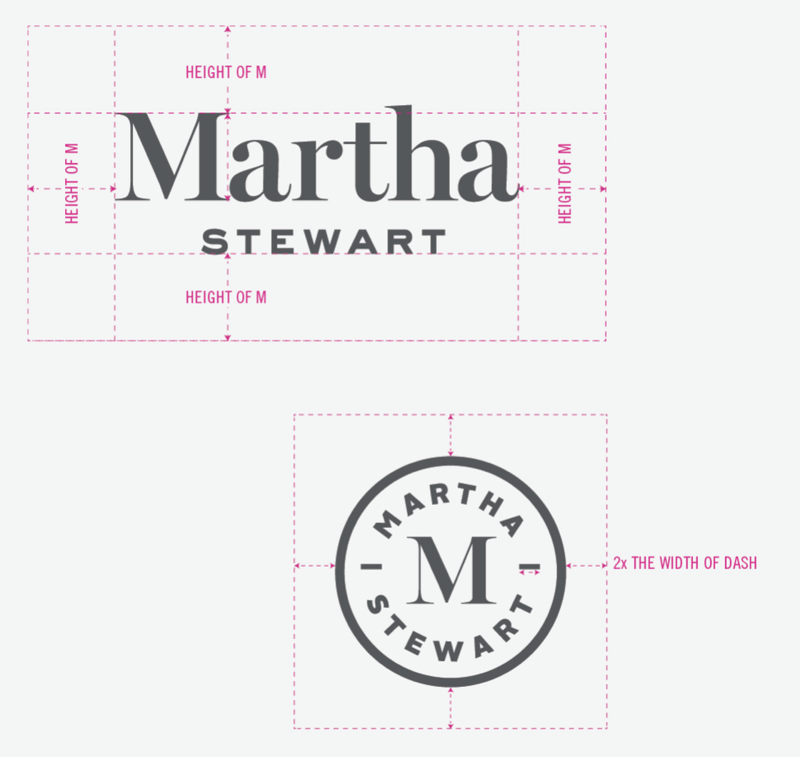 Two logo designs for Martha Stewart. The top logo features her full name in large, bold letters with the first name 'Martha' prominently displayed and the last name 'Stewart' beneath it. The bottom logo is circular with her name around the top and bottom edges, and a large letter 'M' in the center. Pink measurement guides indicate spacing and proportions for logo design.