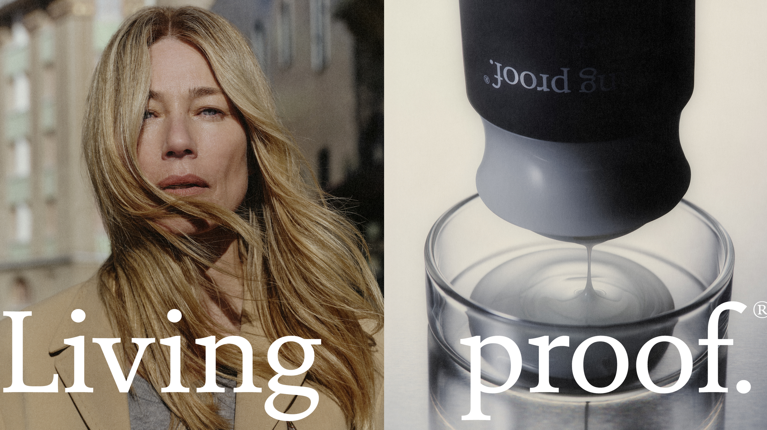 A woman with long blonde hair and a beige coat, looking at the camera, and a close-up of a black tube of paint pouring gray paint into a container.
