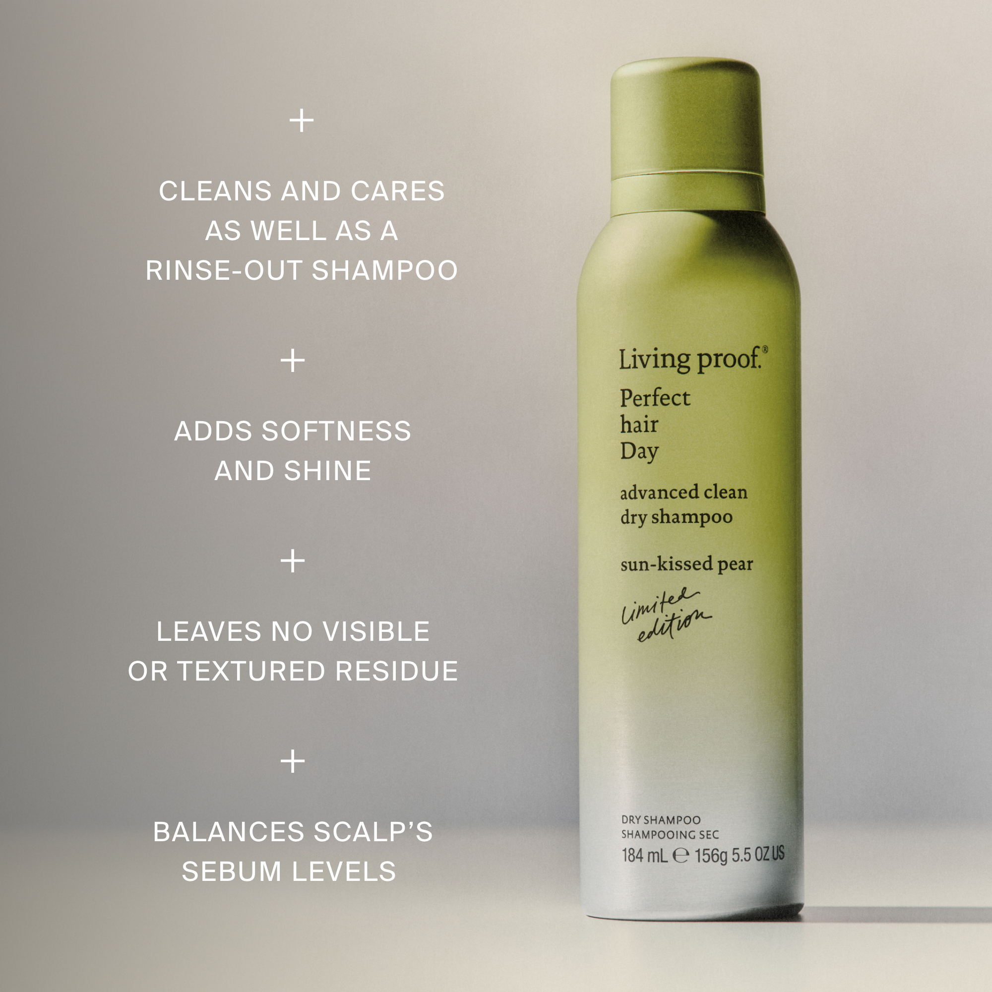 A light green bottle of dry shampoo on a plain background with white text describing its benefits, including cleaning, caring for hair, adding softness and shine, balancing scalp's sebum levels, and a limited edition. The bottle has a simple and sleek design.