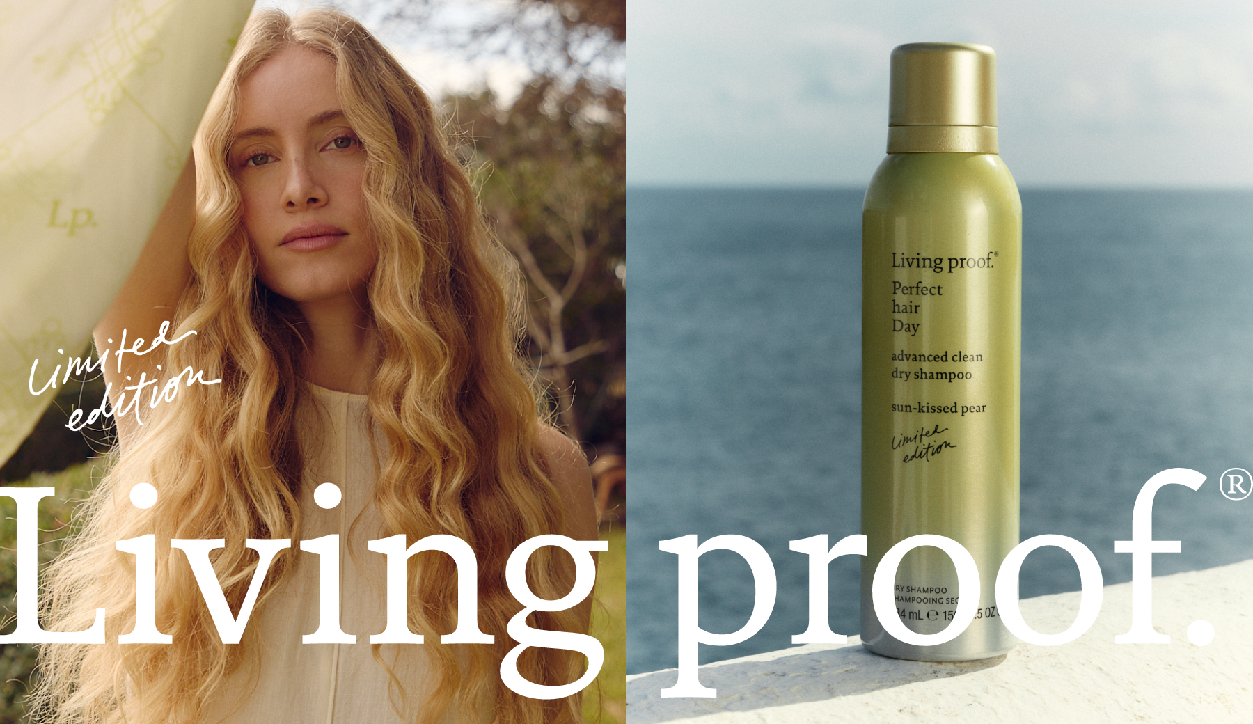 A split image with a woman with long, wavy blonde hair on the left and a bottle of Living Proof dry shampoo on the right by the ocean. The woman is in a sunny outdoor setting, and the dry shampoo bottle is on a white surface with the sea in the background.