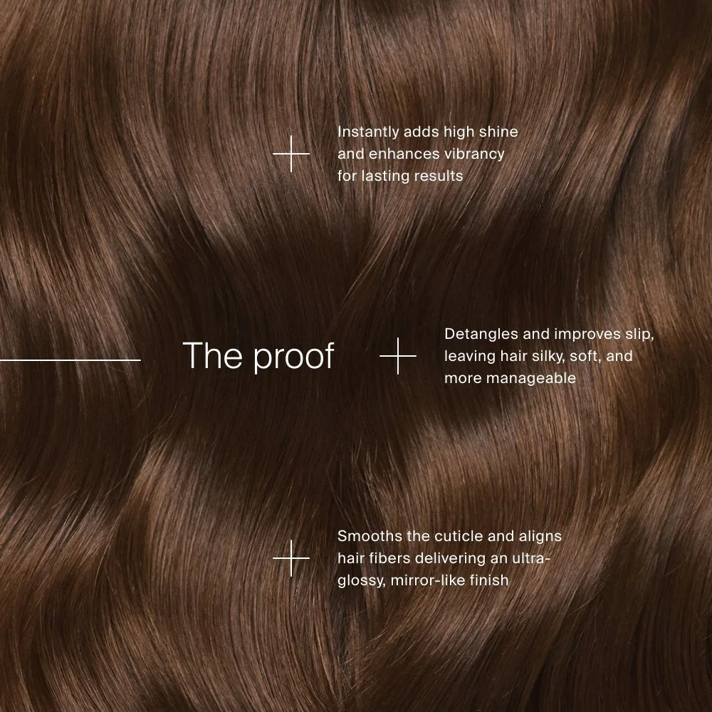 Close-up of shiny, smooth, brown hair with text describing hair benefits, including high shine, vibrancy, detangling, softness, manageability, and a mirror-like finish.