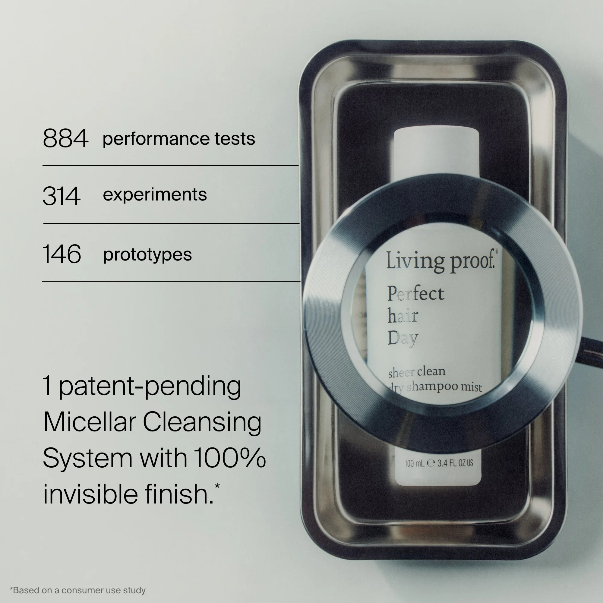 A booklet cover showing performance test results for a product called Living Proof. The booklet lists statistics: 884 performance tests, 314 experiments, 146 prototypes, 1 patent pending, and mentions a micellar cleansing system with a 100% invisible finish. Part of the product packaging with metallic accents is visible on the right side.