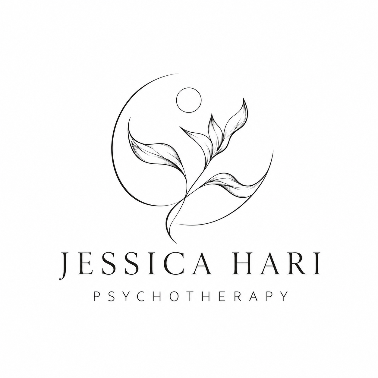 Logo for Jessica Hari Psychotherapy featuring a minimalist black and white line drawing of a plant with a full moon in the background.