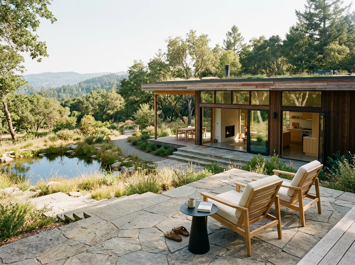 A modern house with large glass sliding doors, surrounded by greenery, with a patio area that has two wooden chairs and a small table, overlooking a pond and forested hills.