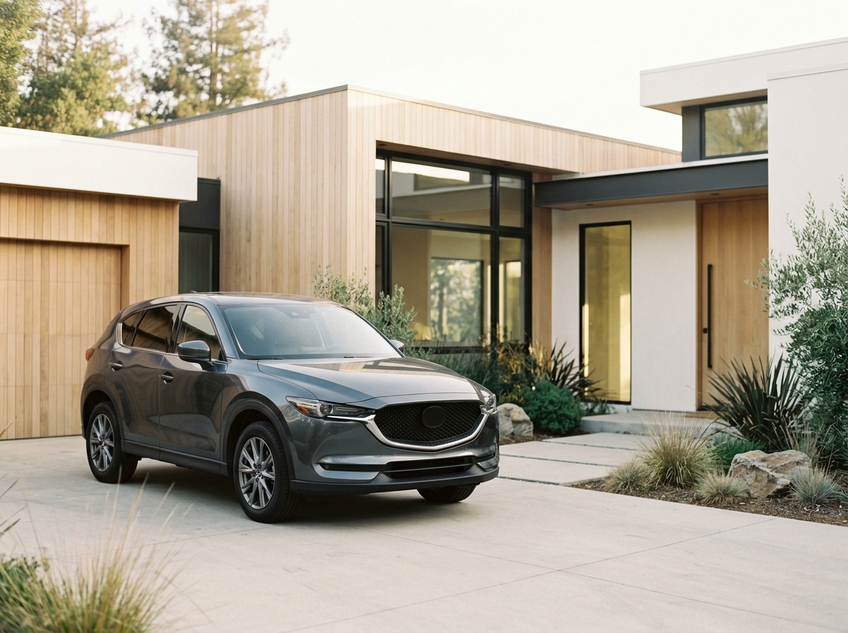 A gray SUV parked in front of a modern house with wood and white exterior walls, large windows, and surrounded by landscaped bushes and rocks.