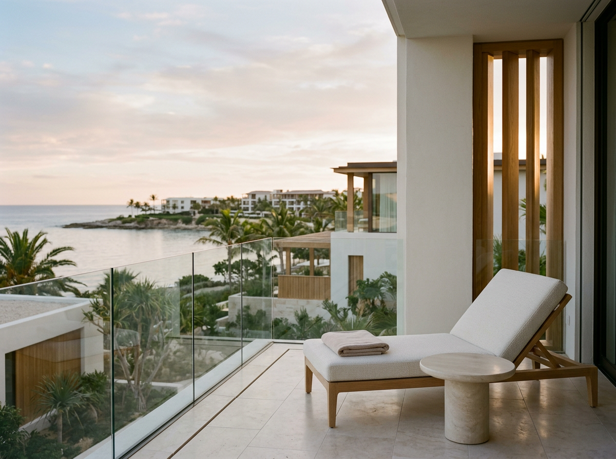 Balcony with a lounge chair and view of the ocean, palm trees, and modern buildings at sunset.