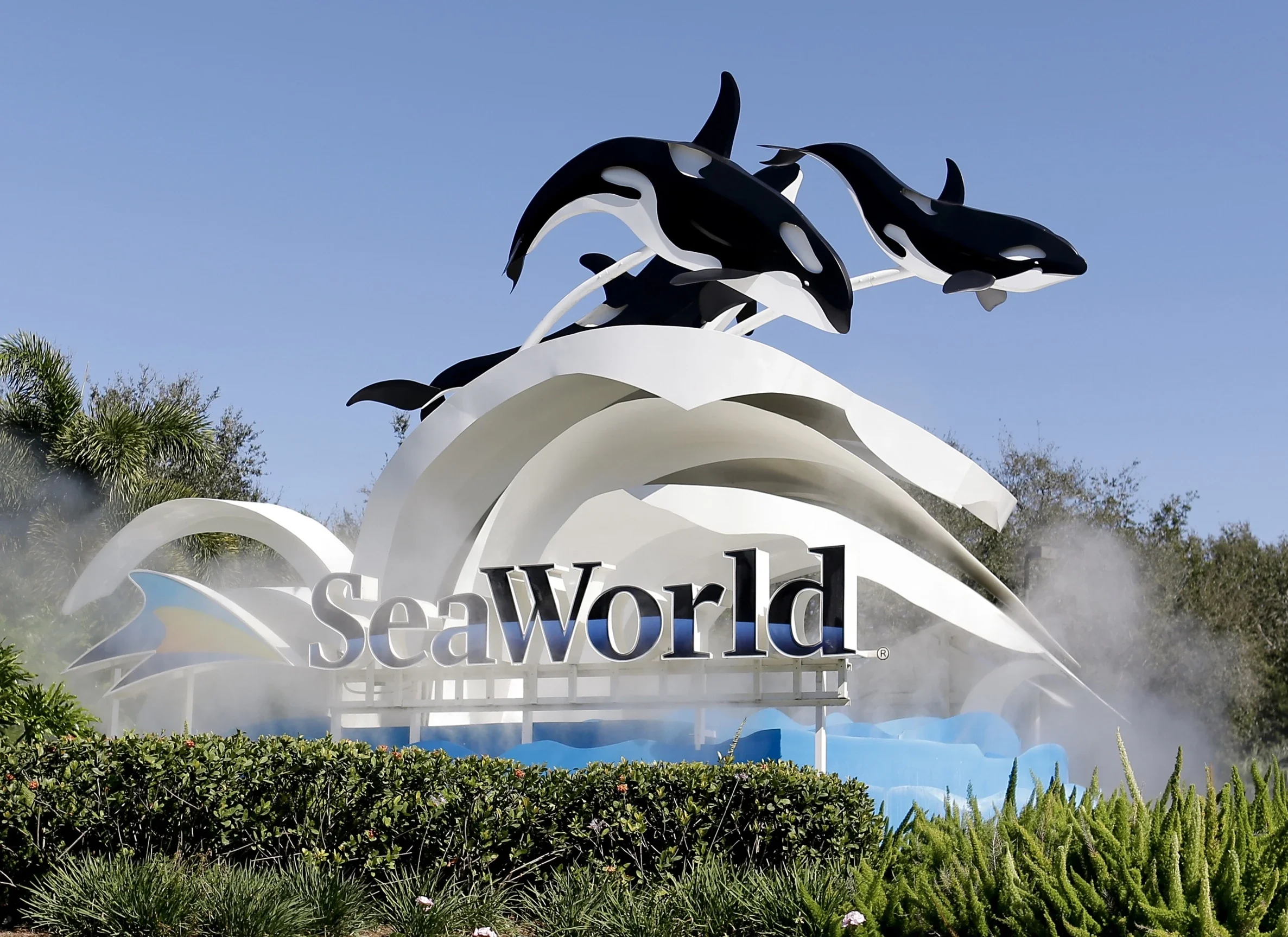 SeaWorld Orlando entrance sign featuring stylized orca whales against a blue sky.