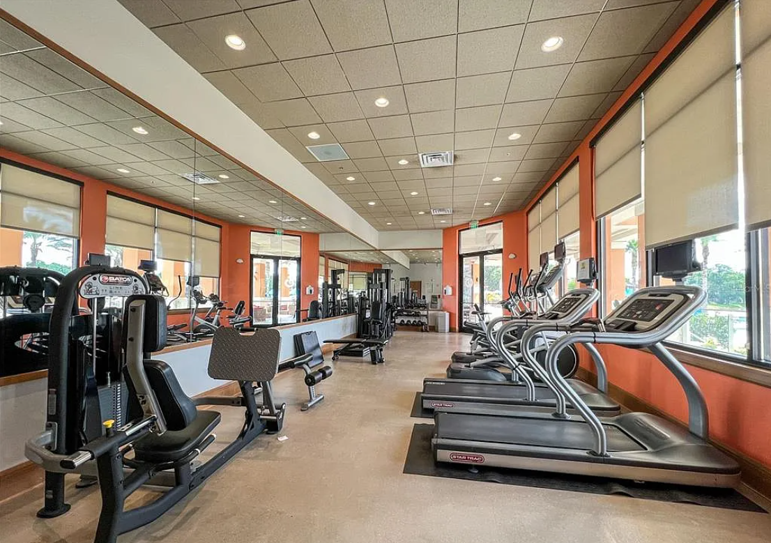 Empty gym with cardio machines like treadmills and elliptical trainers, orange walls, large windows with blinds, ceiling lights, and workout equipment in the background.