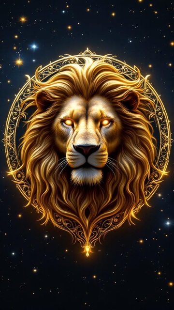 Illustration of a lion's face with a golden mane surrounded by a decorative circular frame, set against a starry night sky.