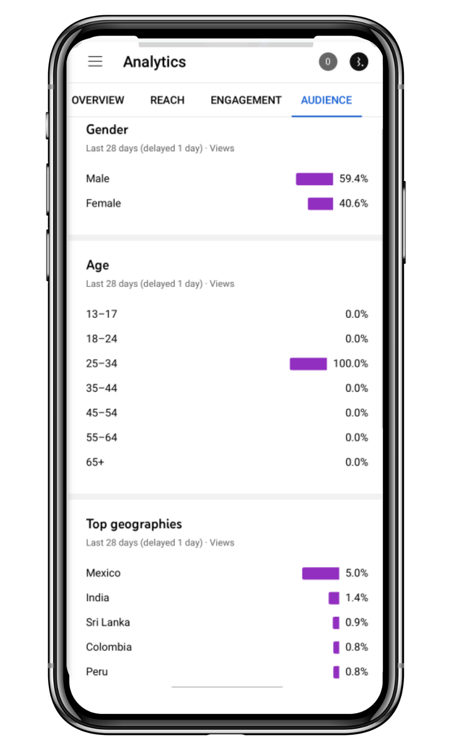 Screenshot of an analytics app showing audience demographics including gender, age, and top geographies, with data for last 28 days.