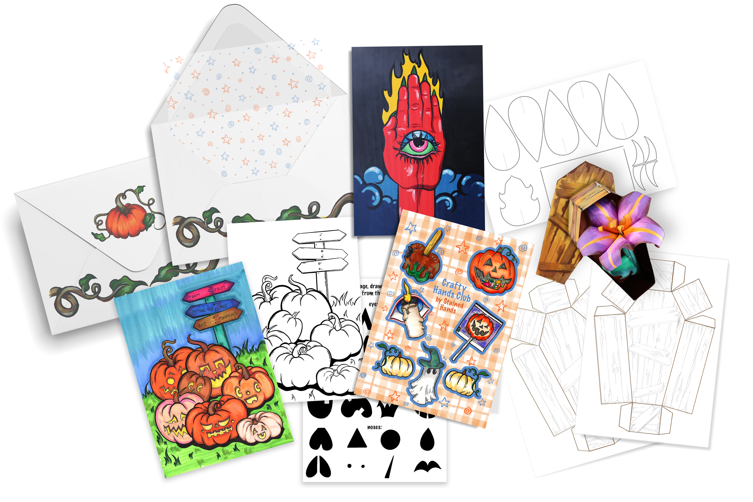 Collection of Halloween-themed coloring and craft materials including pumpkins, a painted hand with an eye, coloring pages, stickers, and paper cutouts.