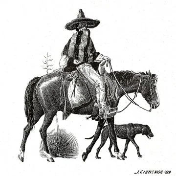 A person wearing a large sombrero riding a horse with a dog walking beside them, in a rural outdoor setting.