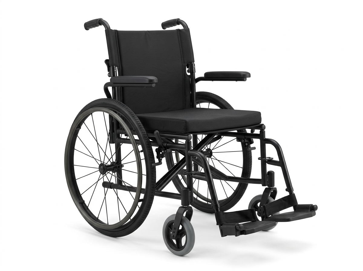 A black wheelchair with large rear wheels, smaller front wheels, and footrests, set against a plain white background.