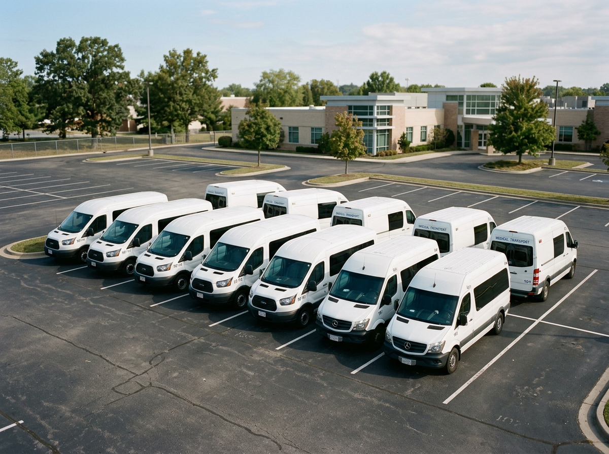 A parking lot with multiple white medical transport vans parked in designated spaces in front of a modern building with trees and clear sky in the background.