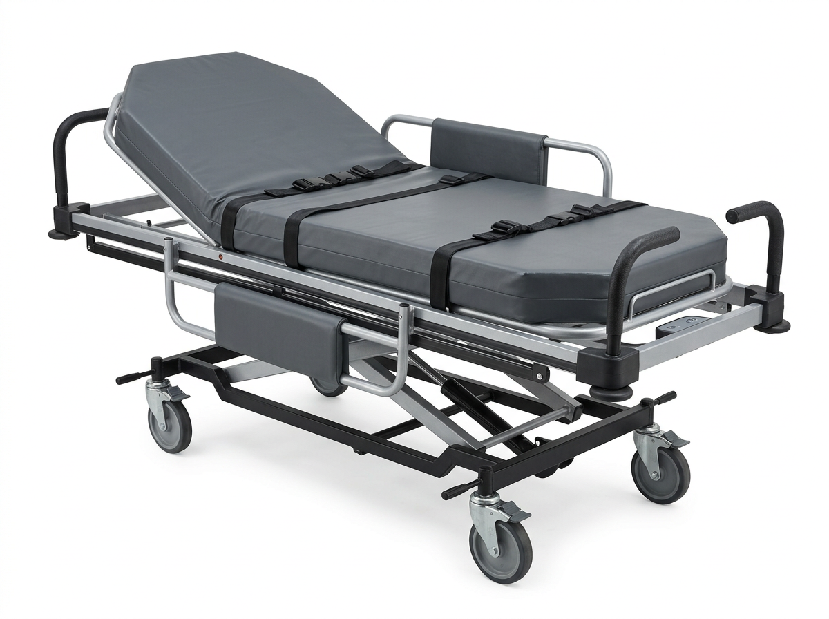 A medical stretcher with adjustable height, padded surface, side rails, four wheels with brakes, and black straps for patient safety.