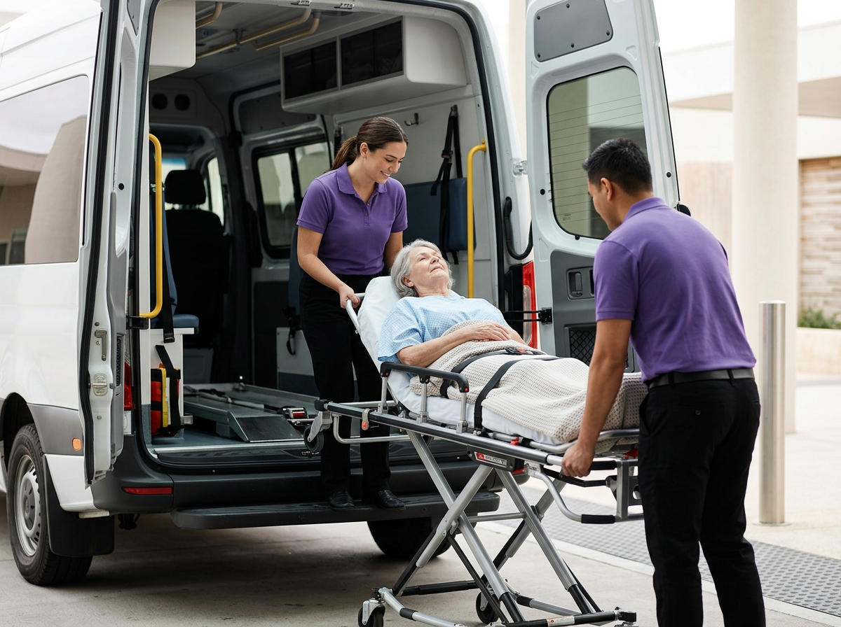 Two healthcare workers in purple shirts assist an elderly woman onto a stretcher outside an ambulance.