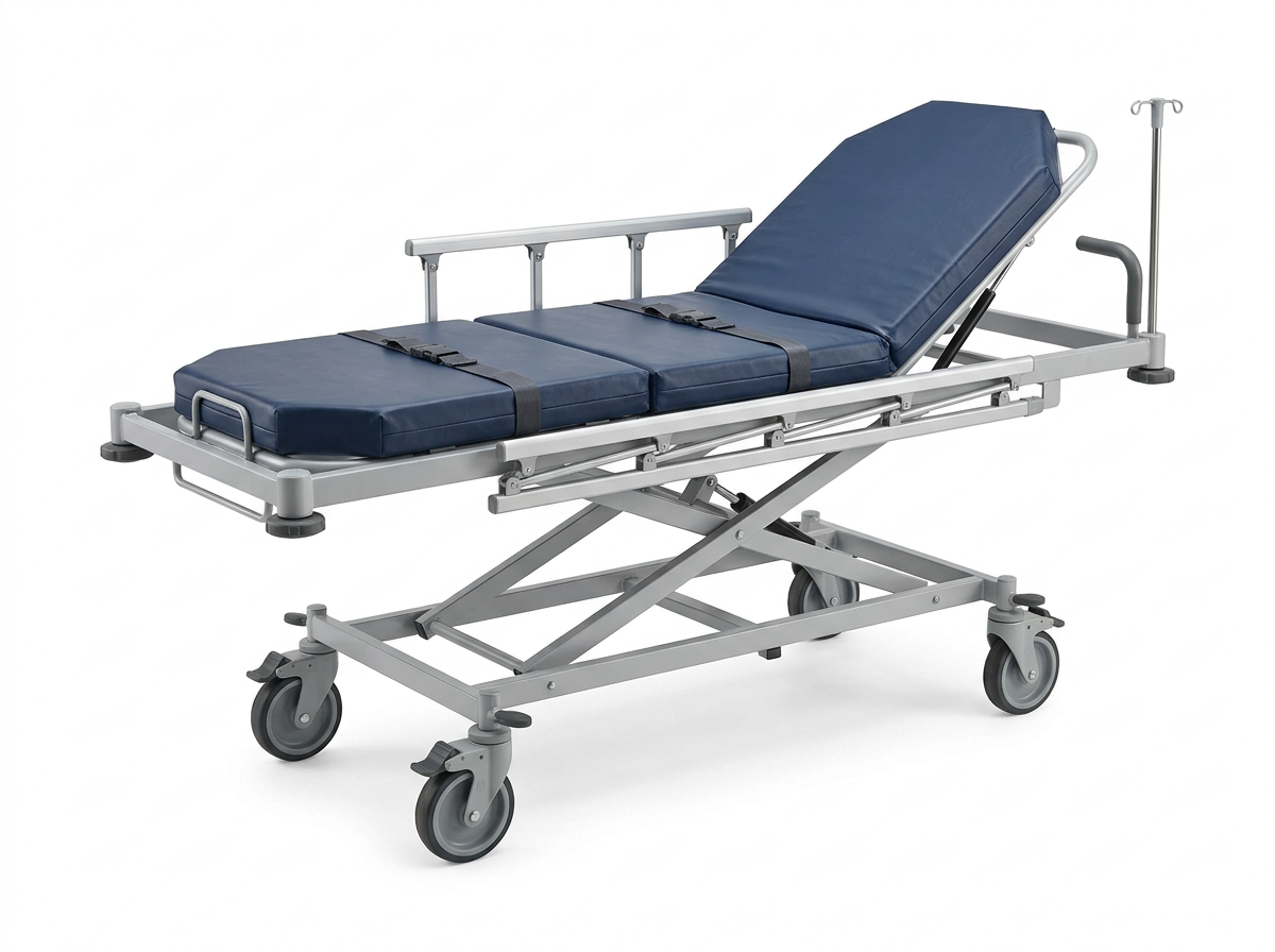 Hospital gurney with adjustable backrest and blue padding.