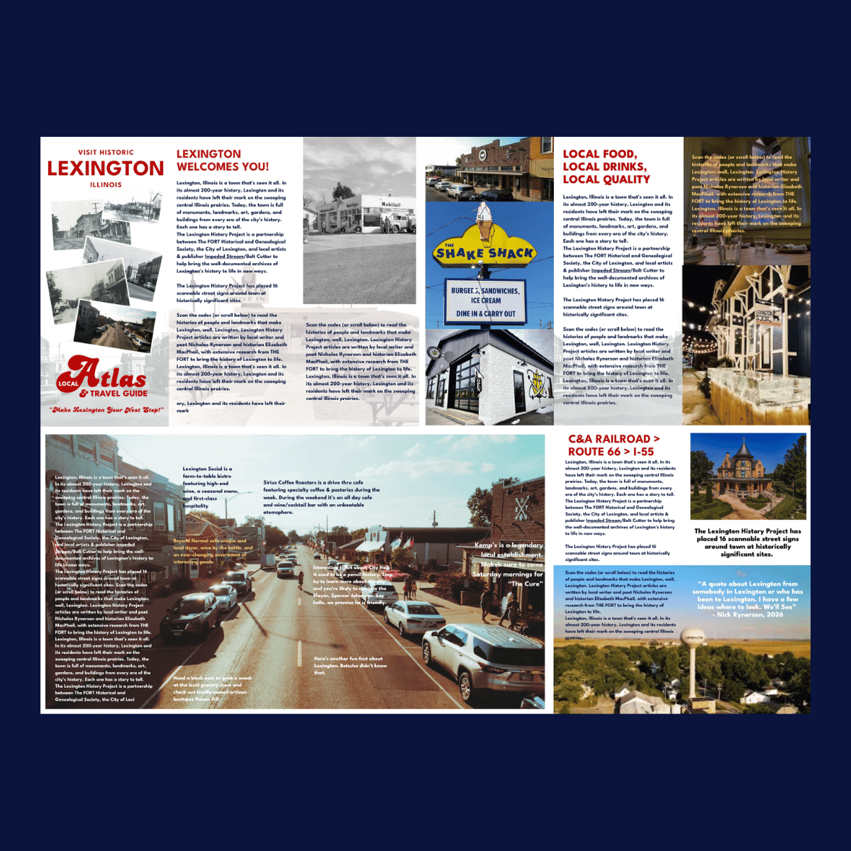 Collage of images and text panels promoting Lexington, Illinois, with historical landmarks, local businesses, and community information.
