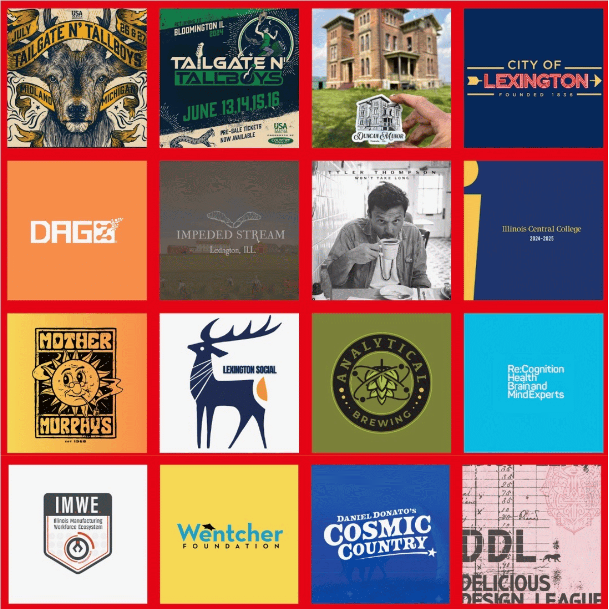 A collage of 16 logos and images, including event posters, city and university logos, a wolf illustration, a black and white photo of a man drinking coffee, and various emblems related to organizations and places.