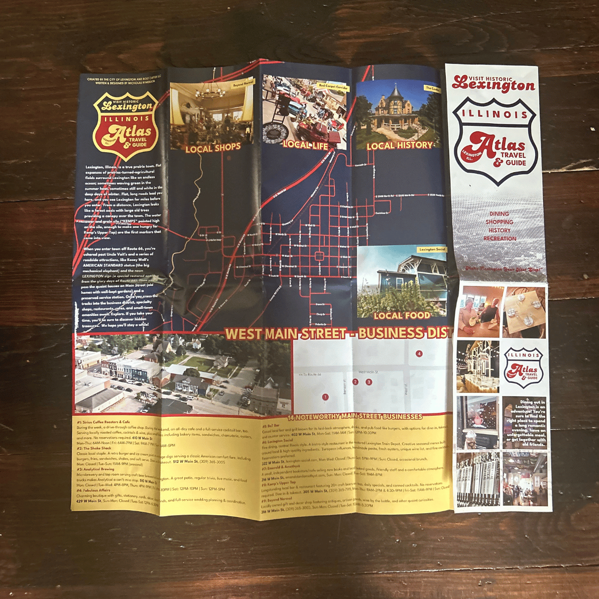 A folded travel map and guide for Lexington, Illinois, highlighting local shops, local life, local history, local food, and businesses on West Main Street. The map includes photos, descriptions, and a street layout with marked locations.