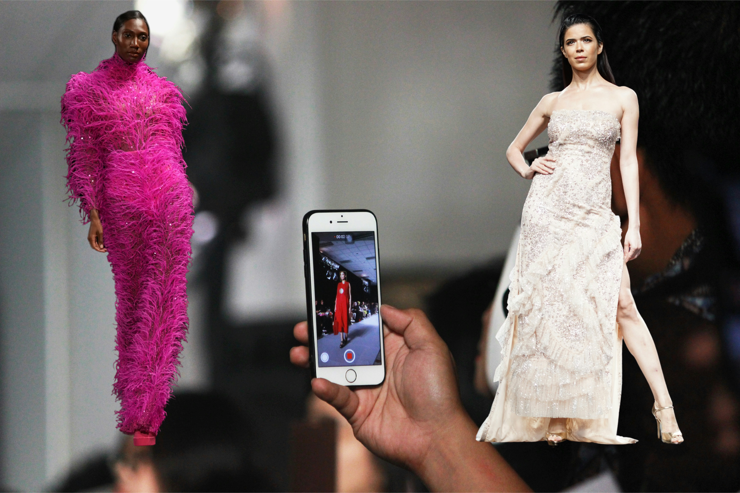 Collage featuring a model in a bright pink feathered outfit on the left, a smartphone recording a runway model in red at the center, and a model in a pale embellished gown on the right.