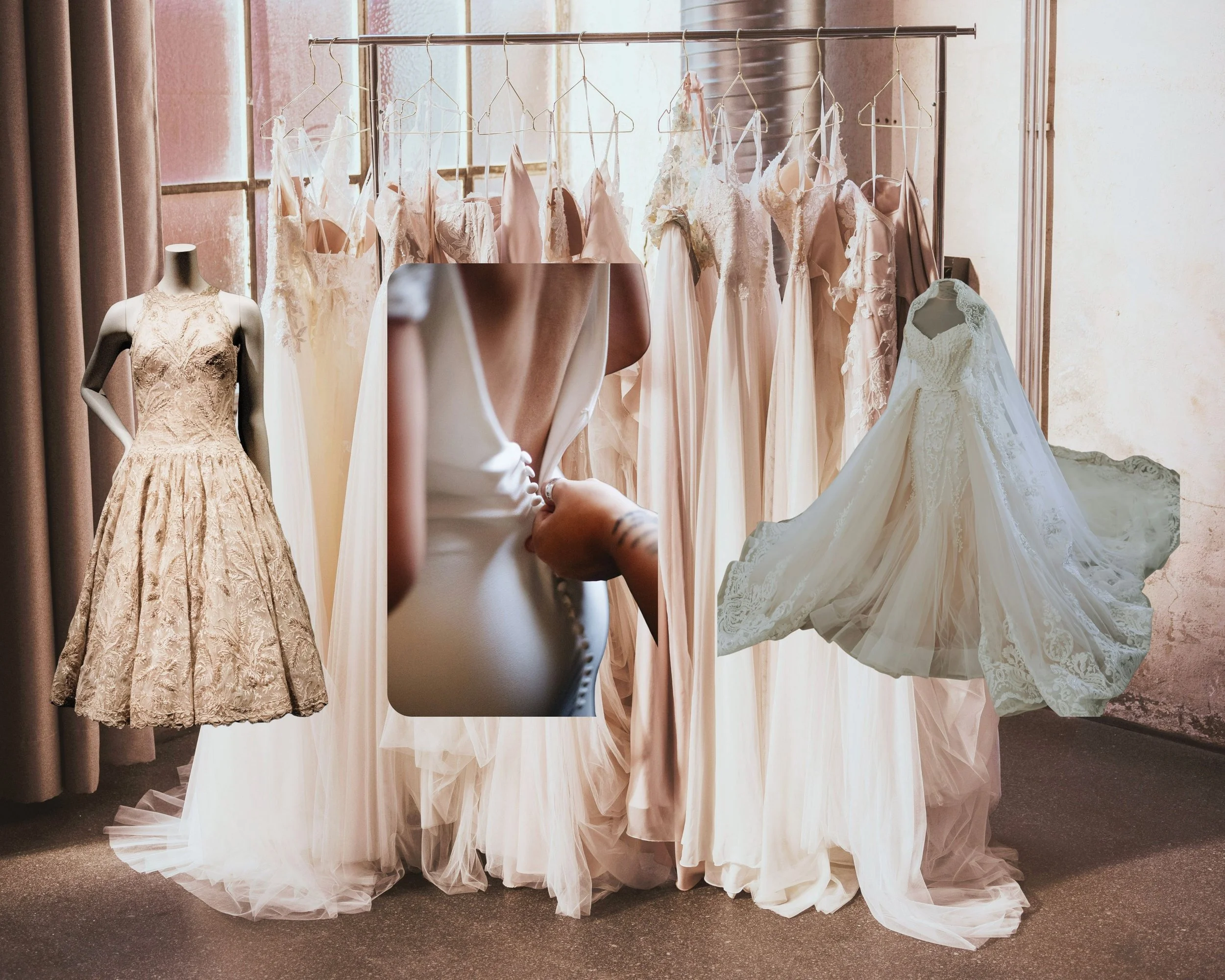 Collage with a rack of pale bridal gowns in the background, an embroidered dress on a mannequin at left, hands fastening a bride’s dress in the center, and a white lace wedding gown at right.