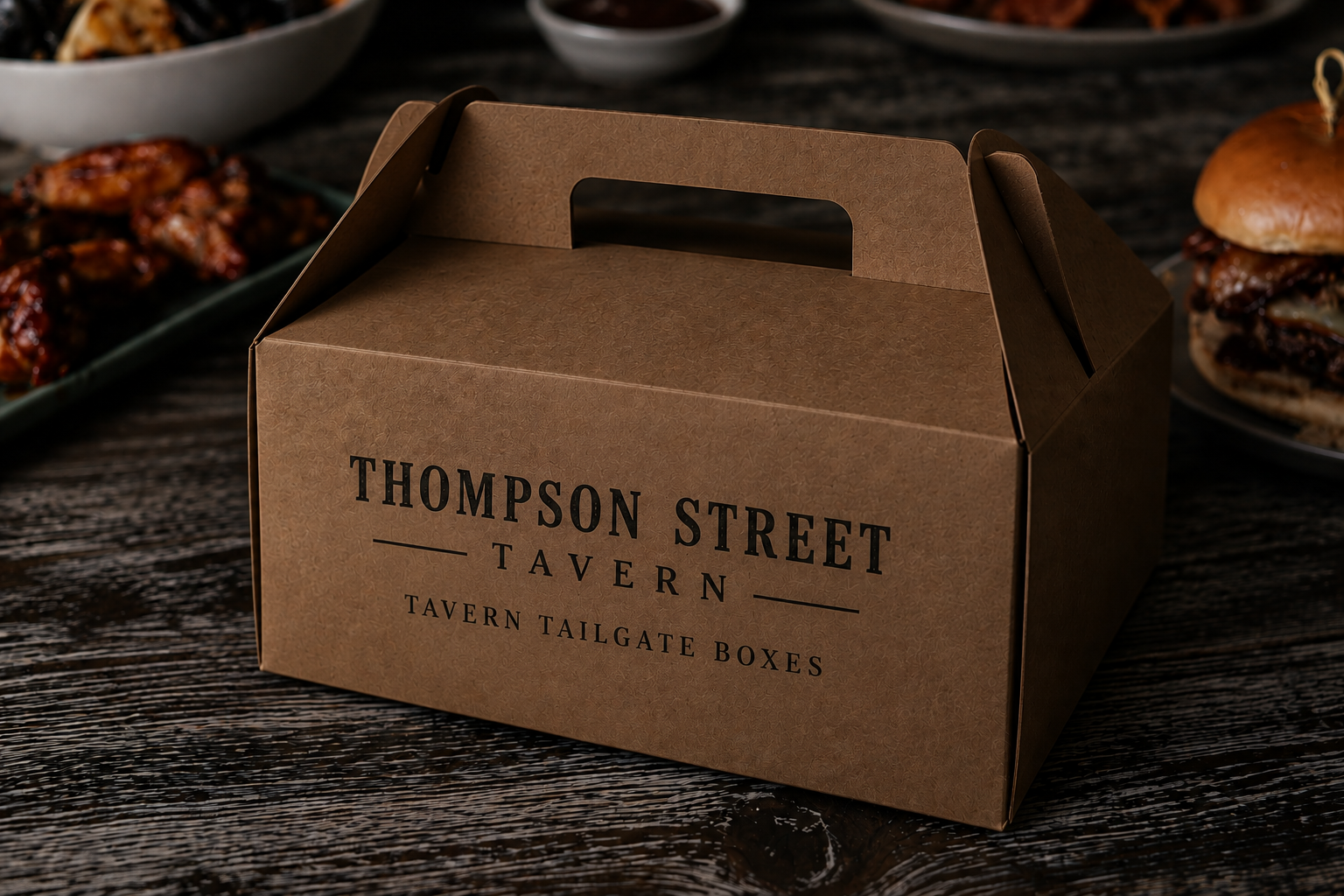 Brown takeout box labeled 'Thompson Street Tavern' on a dark wooden table, with plates of food including burgers and chicken wings in the background.