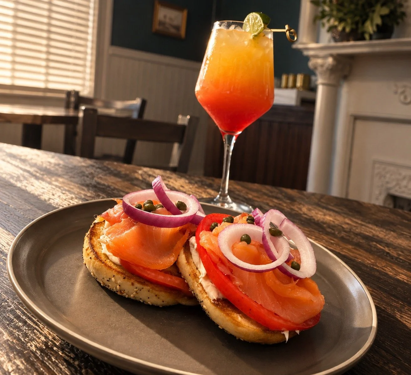 A plate with smoked salmon bagel sandwiches topped with red onion slices, tomato slices, capers, and cream cheese. In the background, there's a colorful cocktail with a lime slice and a cherry garnish on a tall glass, placed on a rustic wooden table 