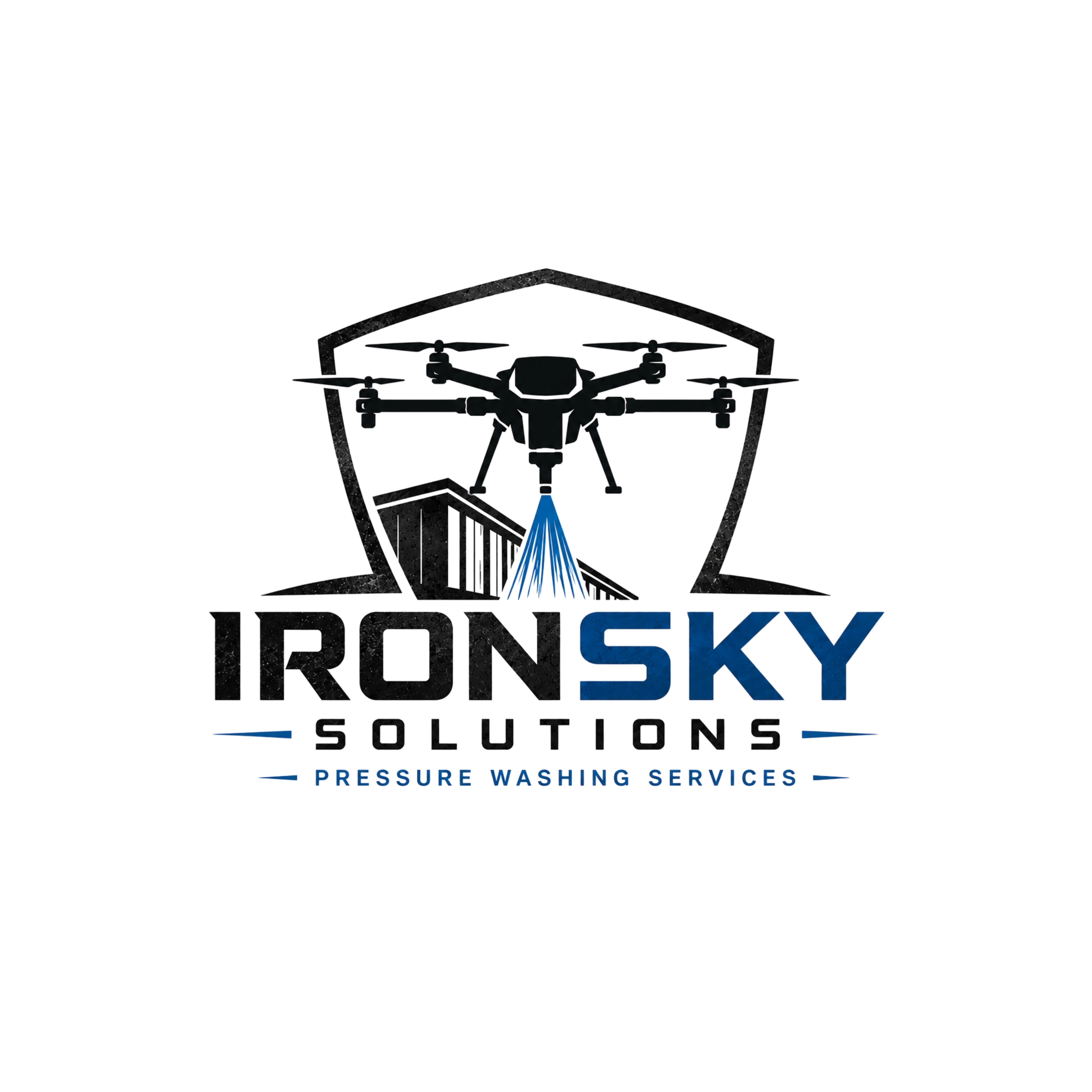 A black logo for a company called IronSky Solutions, featuring a water spray or pressure washer visualization with the company name and tagline in blue and red text.