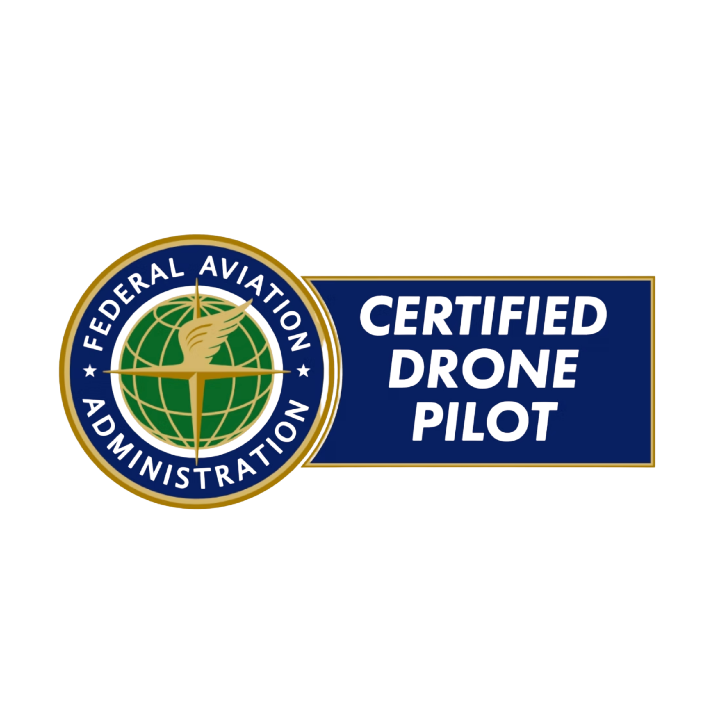 Seal of the Federal Aviation Administration with a globe, wheat, and a plane, alongside the words 'Certified Drone Pilot'.