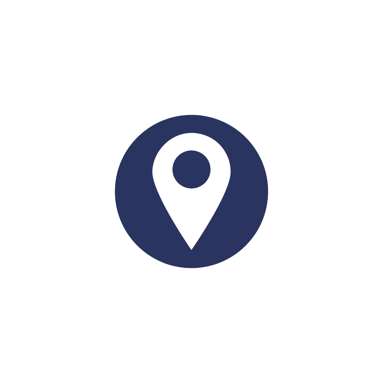 A map pin icon with a white location marker inside a dark blue circle, centered on a black background.