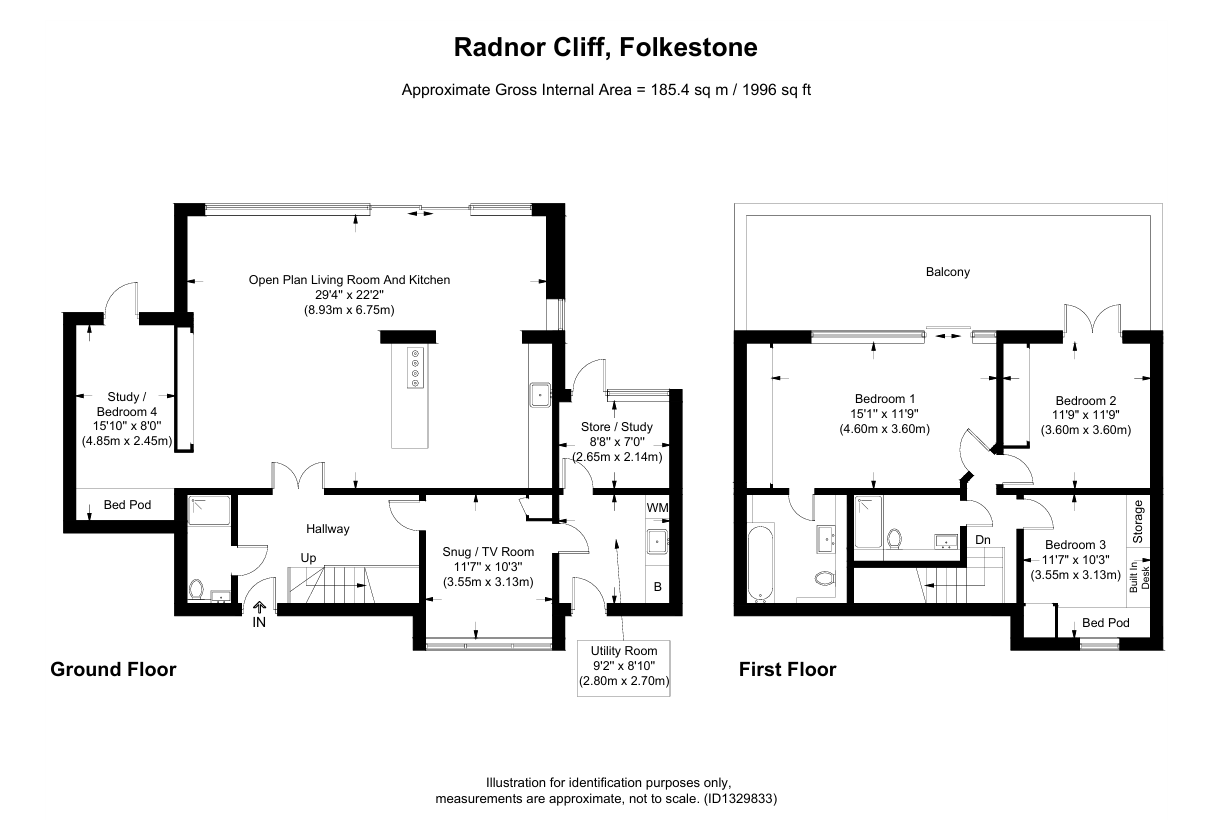 Floor plan of Radnor Cliff, Folkestone, showing a two-story house with rooms labeled including ground and first floors. The ground floor has a living room and kitchen, study/bedroom, pantry, hallway, TV room, utility room, and storage. The first floor has three bedrooms, a bathroom, and a balcony.
