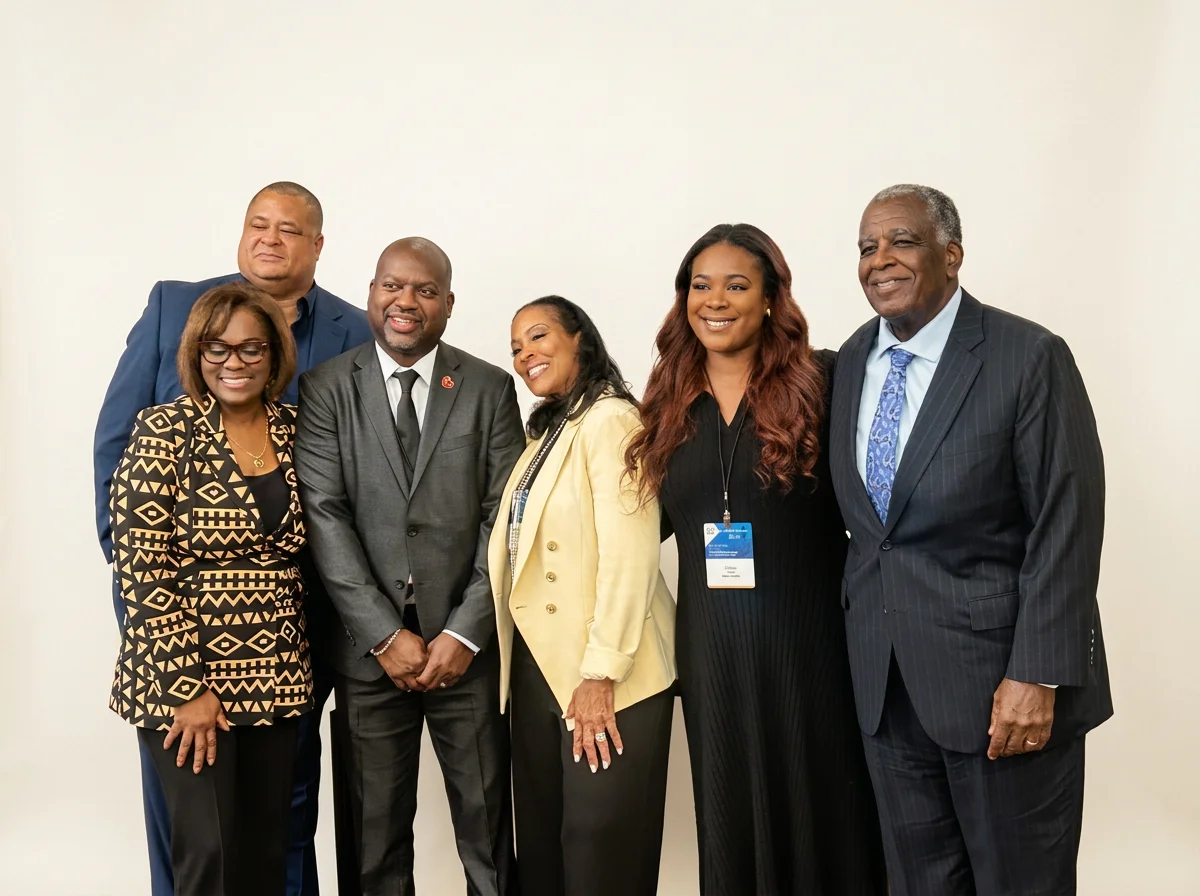 Group of six diverse professionals standing together in a formal setting, smiling for a photo.