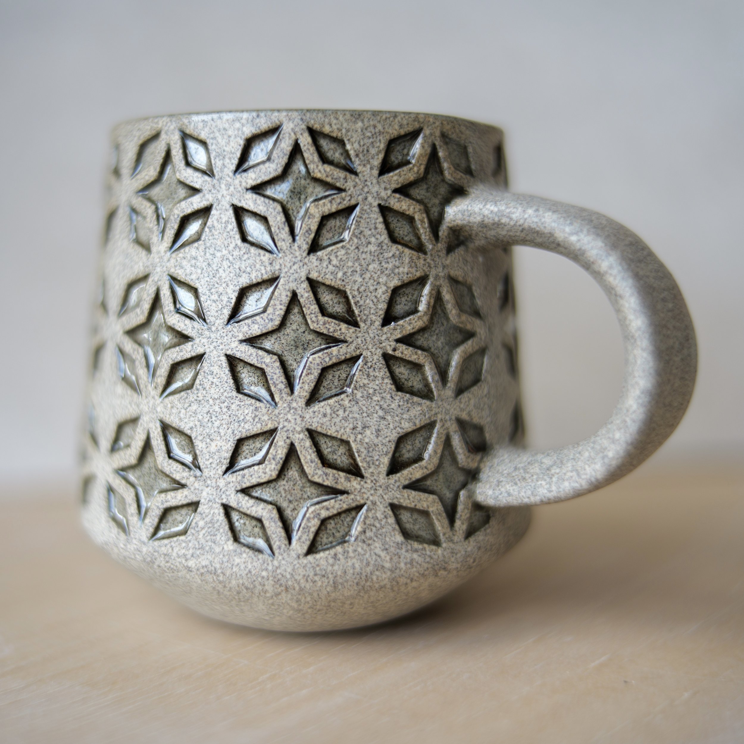 Mid Century Modern (MCM) breeze block inspired graphic pottery mug. Handmade in Vancouver, BC