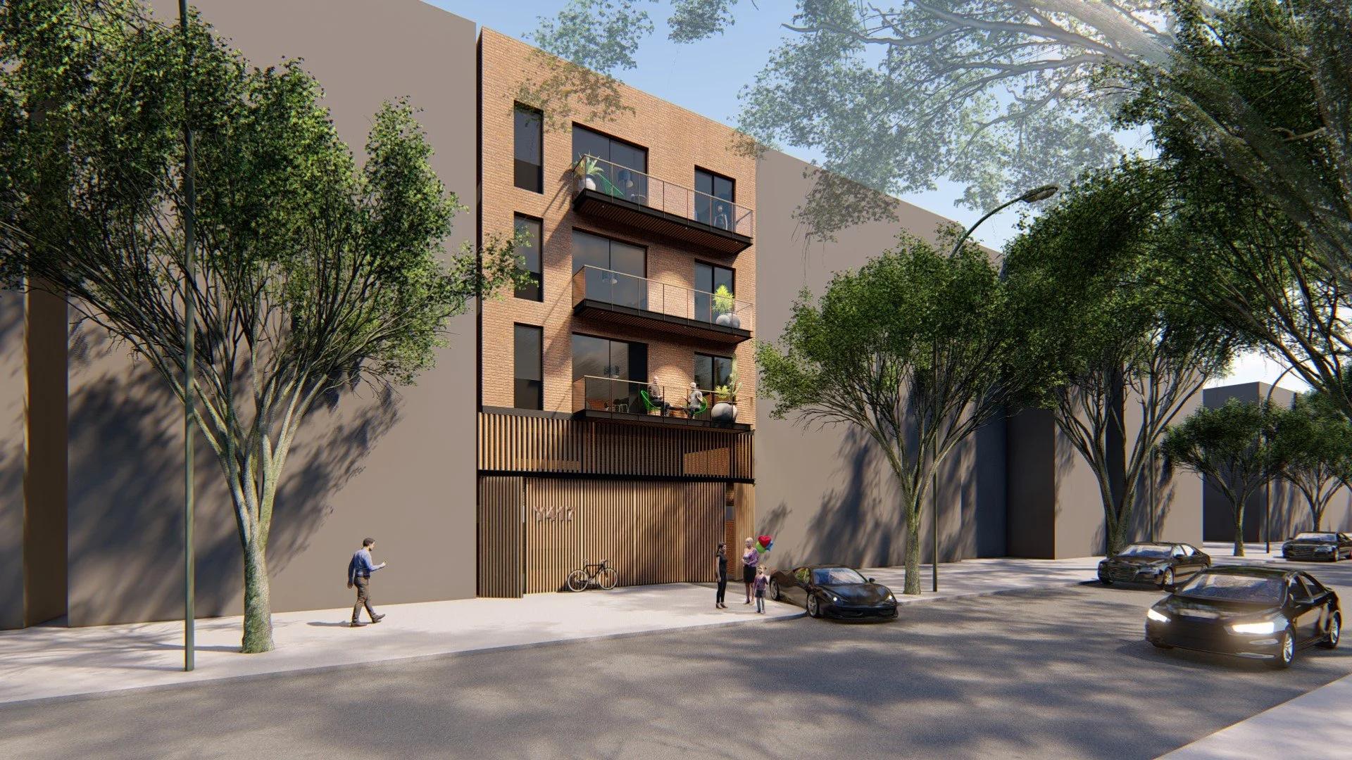 Renderizado digital de un edificio moderno de cinco pisos con balcones de vidrio y fachada de ladrillo, rodeado de árboles, en una calle con varios autos estacionados y personas caminando.