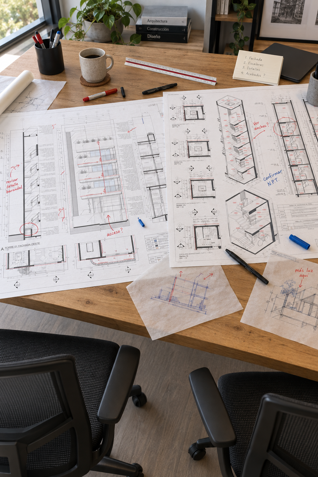 Mesa de trabajo con planos arquitectónicos, marcadores, una taza de café, un cilindro con bolígrafos, regla, y notas con anotaciones en español, en un espacio de oficina con plantas y libros.