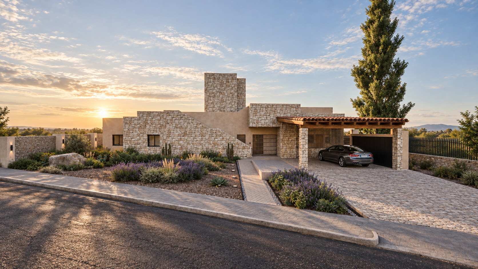 Casa moderna con paredes de piedra y jardín con plantas en primer plano, garaje cubierto y árboles, durante el atardecer.