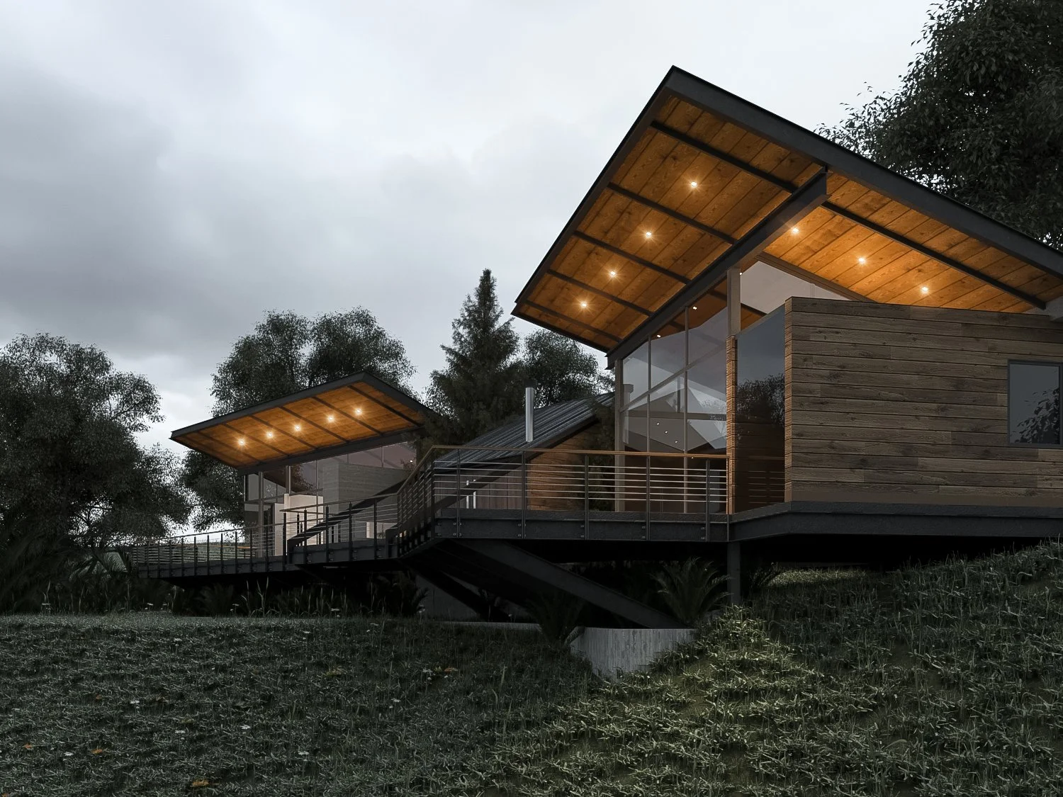 Casa moderna de madera con techos inclinados y luces en un entorno natural al atardecer.