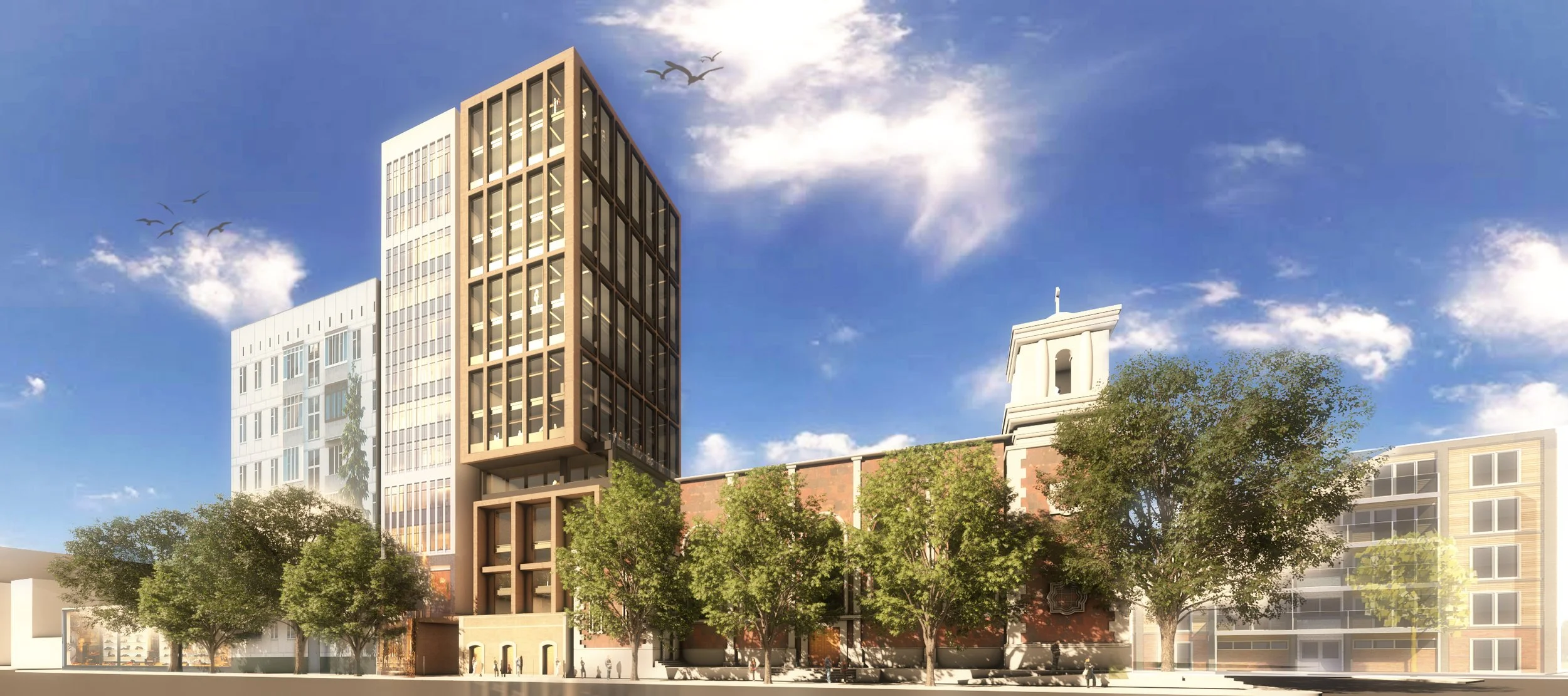 Edificio moderno de varias plantas con estructura de madera, rodeado de árboles, en un día soleado con cielo azul y nubes, con aves volando.