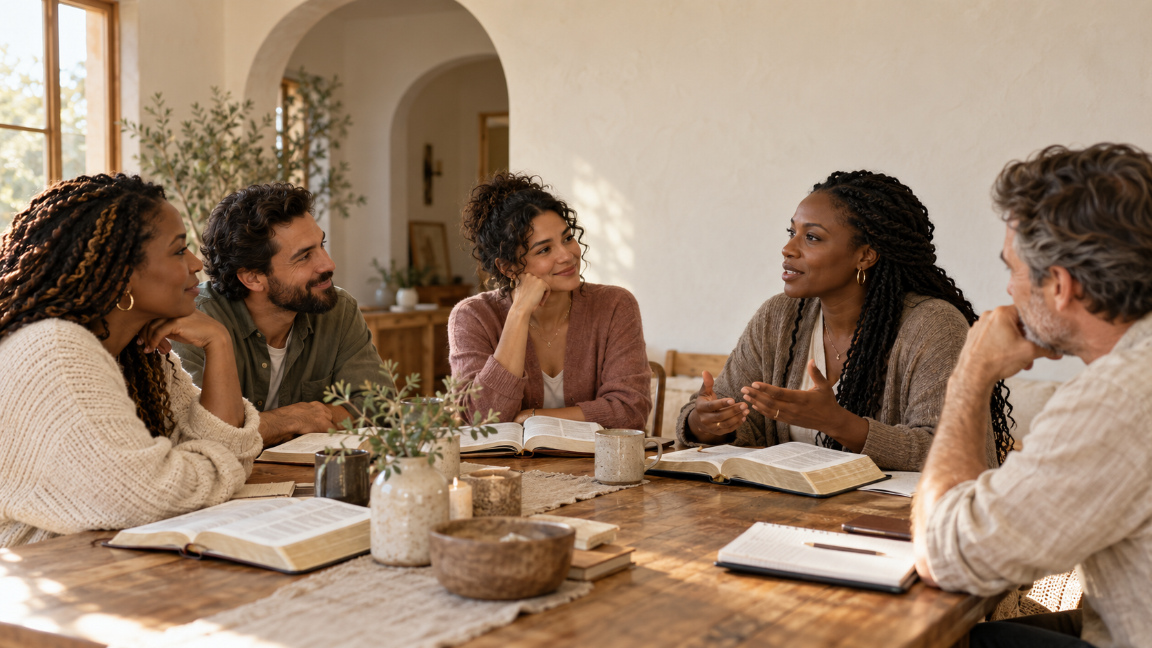 Group of five diverse adults sitting at a wooden table having a discussion with open books and notebooks, in a cozy, well-lit room with potted plants and natural decor.