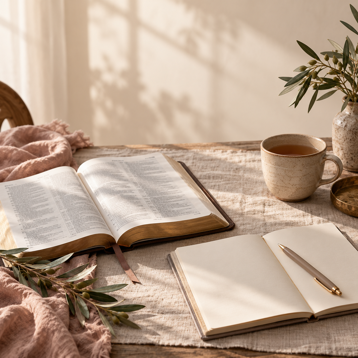 Sunlit dining table with an open Bible, blank notebook with pen, a ceramic mug filled with tea, green plant in a speckled vase, and pink blanket, creating a cozy reading or studying space.