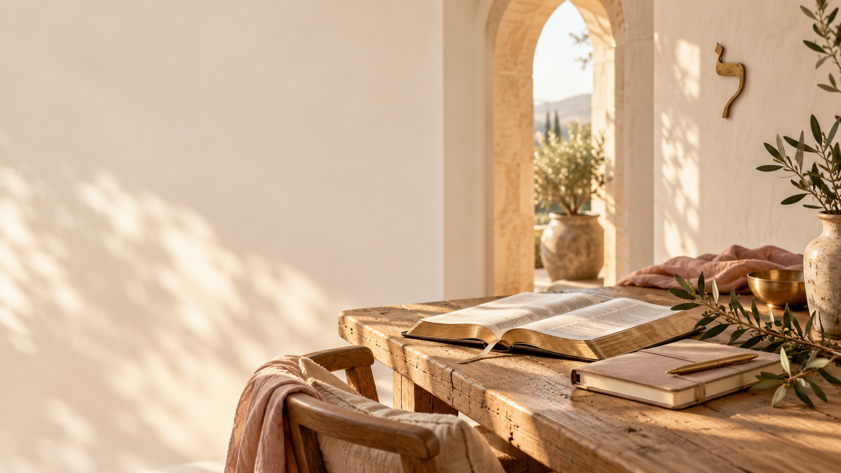 Sunlit rustic dining table with open book, closed notebook, gold pen, potted olive branch, and decorative bowl, set near arched window with a potted plant outside.