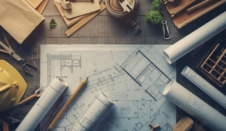 Blueprints and architectural tools on a work table, including rolled plans, a yellow hard hat, a ruler, a T-square, and small model trees.