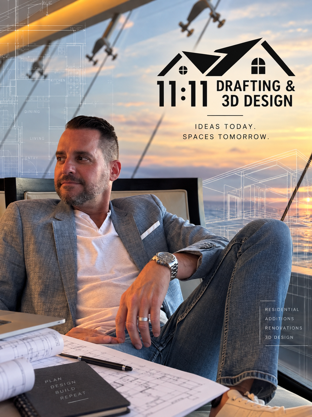 A man sitting in a modern office chair, wearing a gray blazer and white t-shirt, looking thoughtfully to the side with a sunset view outside the window. There are architectural blueprints and notebooks on the desk, and a digital overlay of house designs and technical drawings in the background, emphasizing real estate and 3D design themes.
