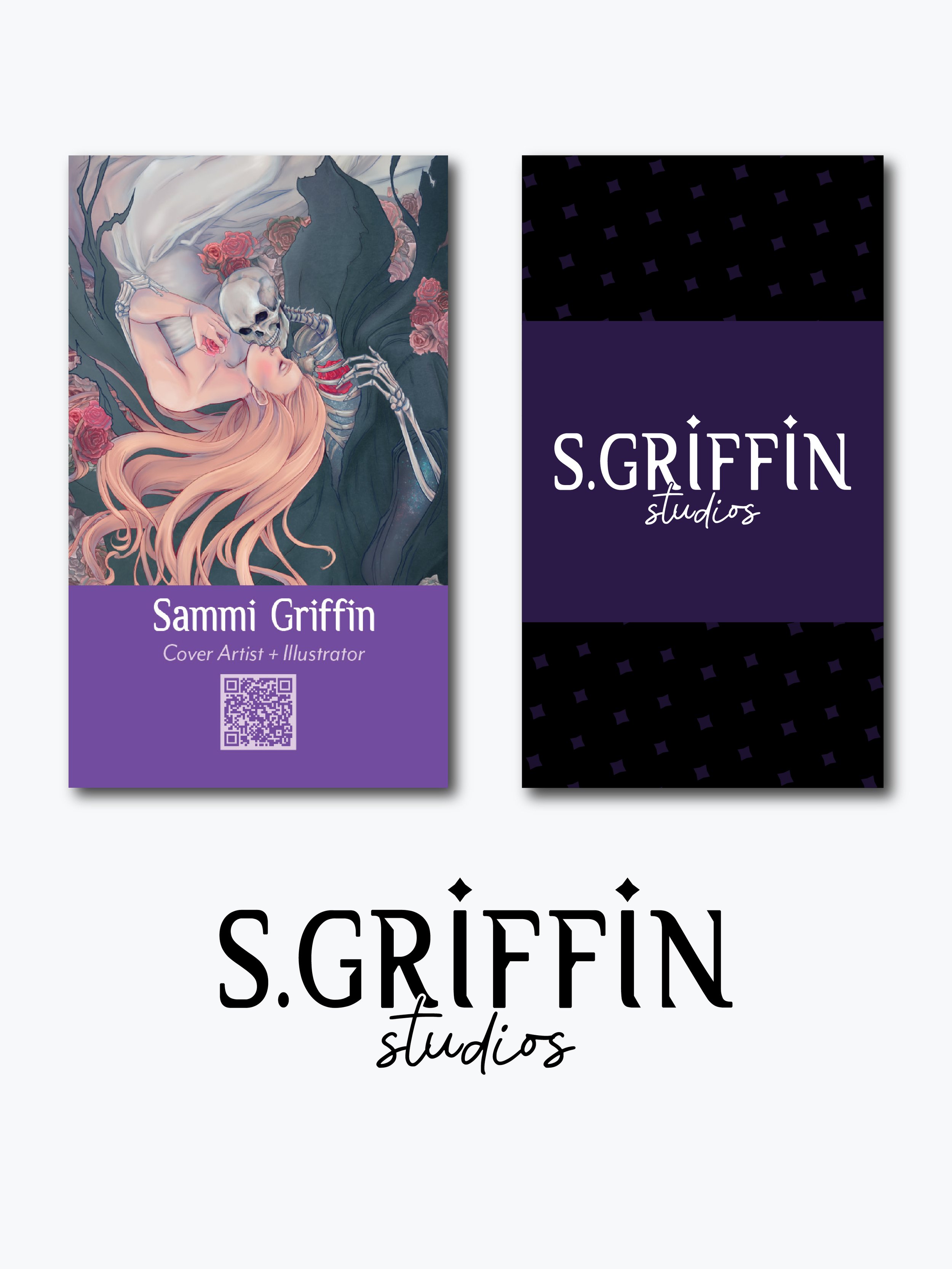 Business cards for S. Griffin Studios featuring a fantasy-style illustration of a woman with long pink hair lying with a skeleton surrounded by roses, and a dark purple card with the studio's name in white text.